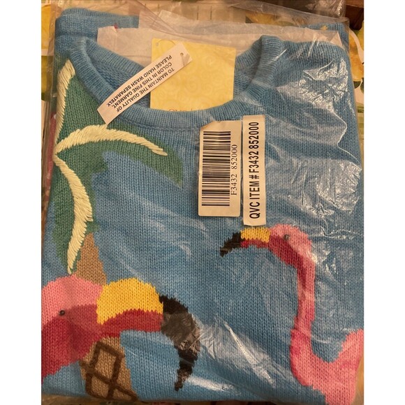 Quacker Factory Pink Flamingo Palm Tree Beach Sweater Sz Small Vacation Cruise - Picture 6 of 9